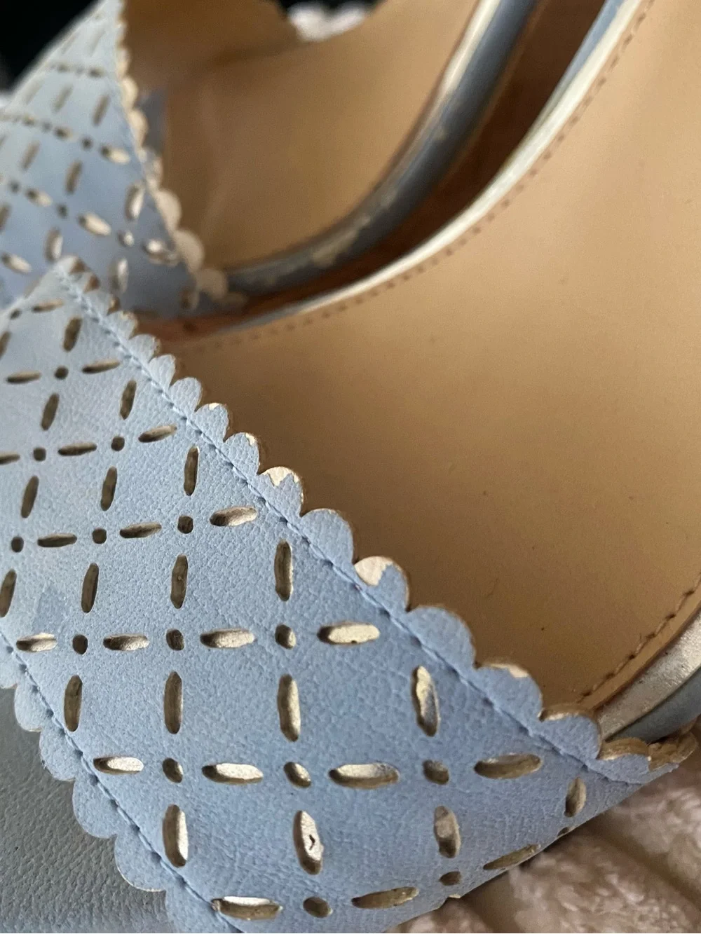 Jessica Simpson Jazziah Powder Blue Scalloped Laser Cut Cork Wedge Sandals